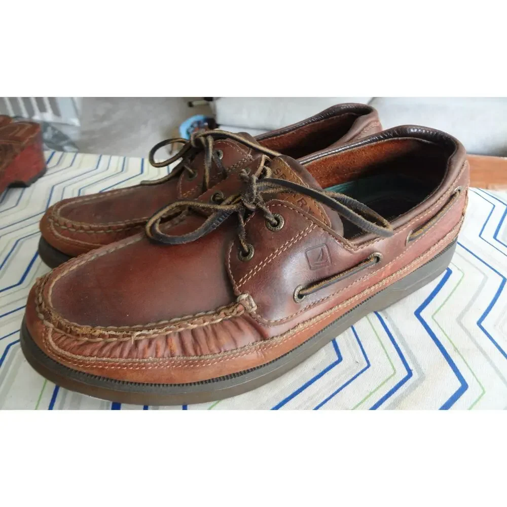 Vintage Sperry Top Sider Mako Brown Leather Loafers Boat Men 10.5 Moc Toe 2 Eye